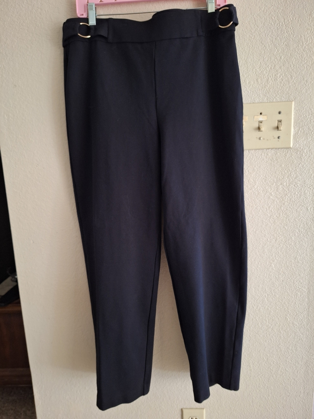 Plus Sz16 Rafaella Navy Straight-Leg Pants with Gold Buckle Detail